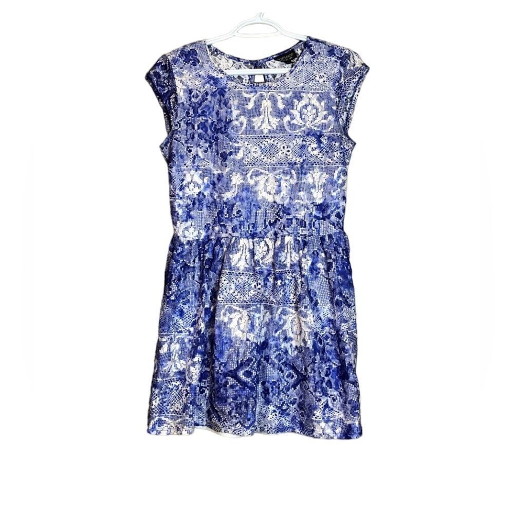 Top shop blue and white lace short sleeve …‎